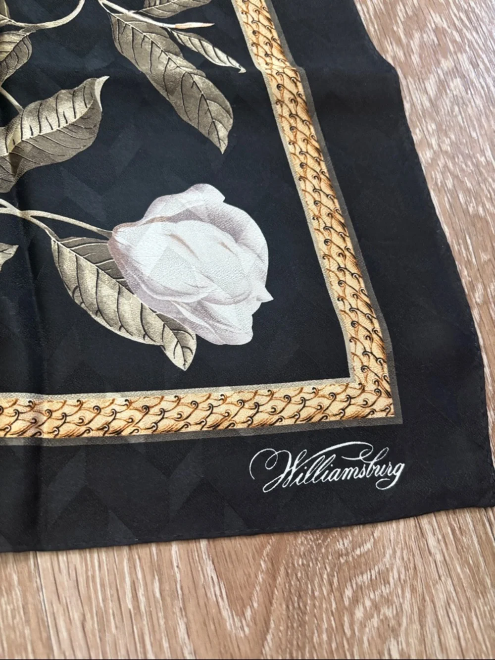Williamsburg Floral Silk Scarf, black/white/green 26” square